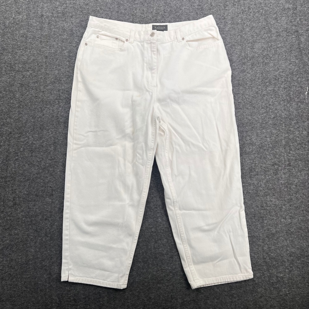 Van Heusen Womens White Cotton Straight Leg Denim‎ Pants Size 14 High Rise Slit
